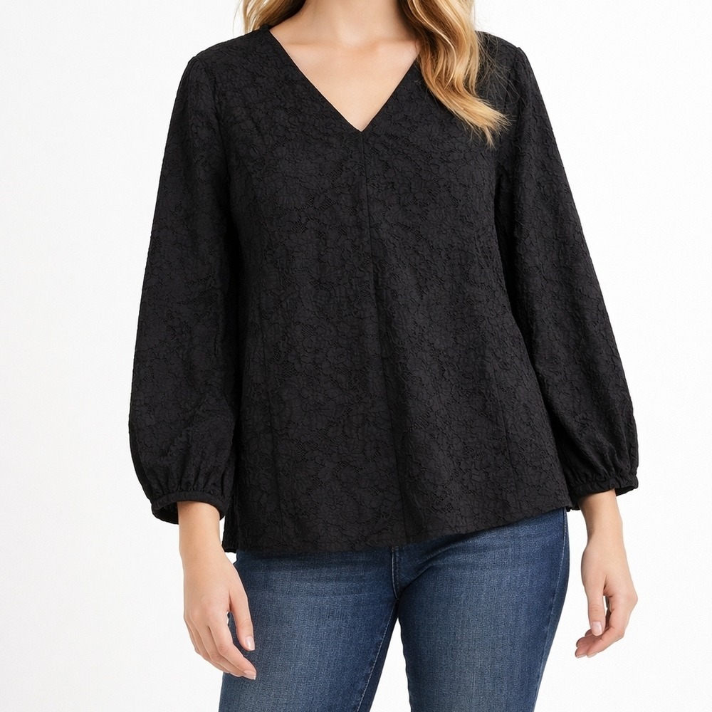 Stine Goya Ida Blouse Womens L Black Textured Jacquard V-Neck Balloon Sleeve Top